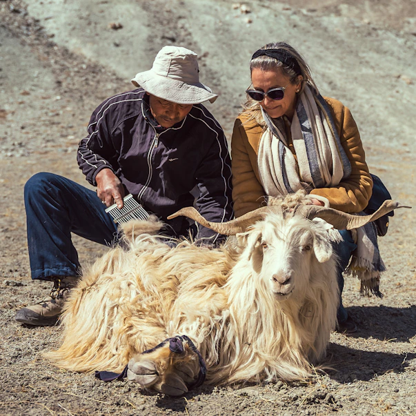 Mariella Ienna appreciating techniques of gathering wool