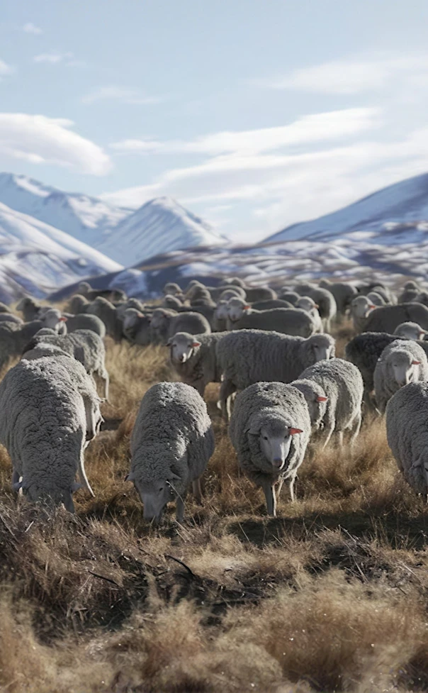 Flock of sheep grazing on golden scrubland with snowy mountain range in the distance.
