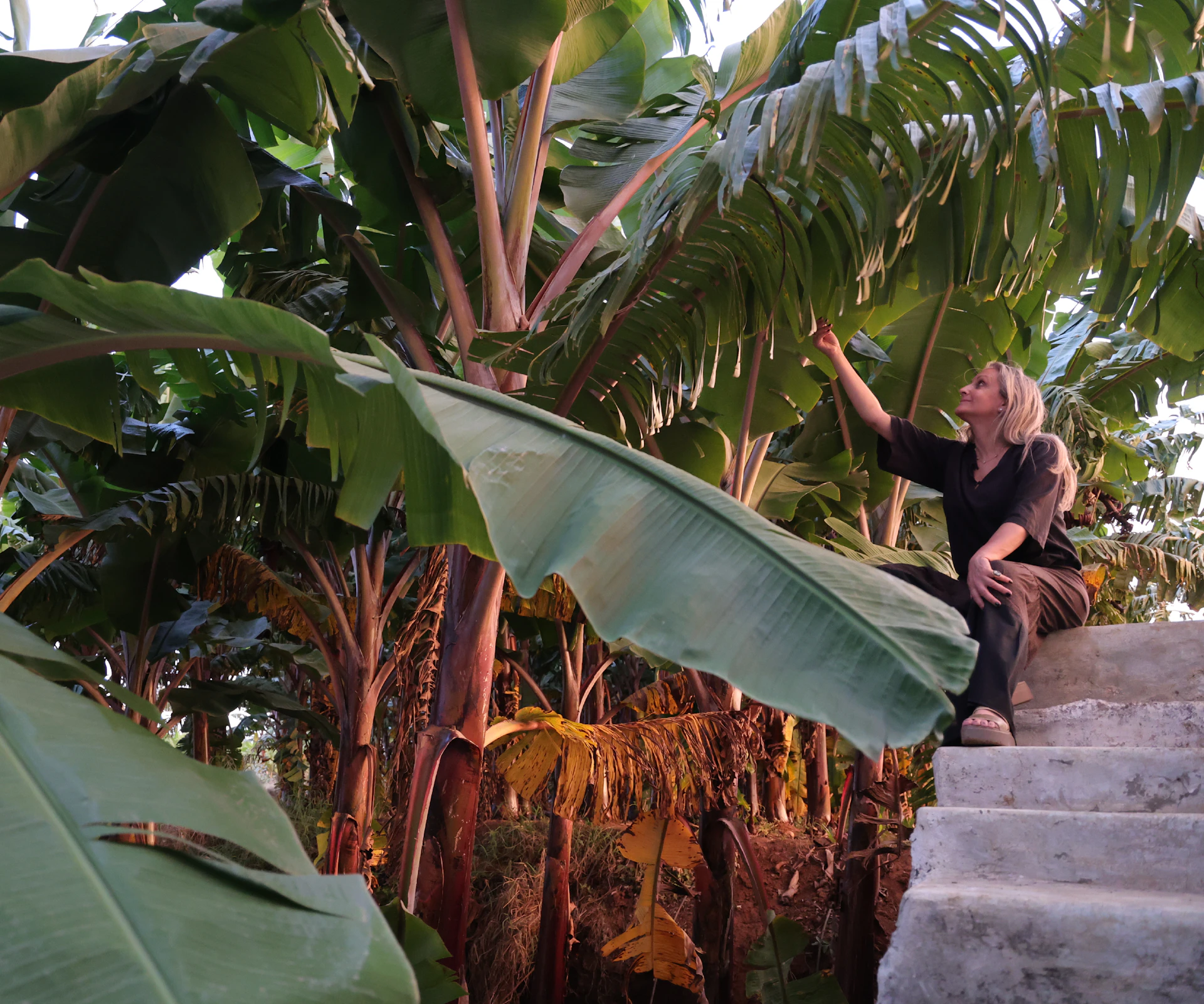 Mariella sitting on outdoor steps under large banana leaves.