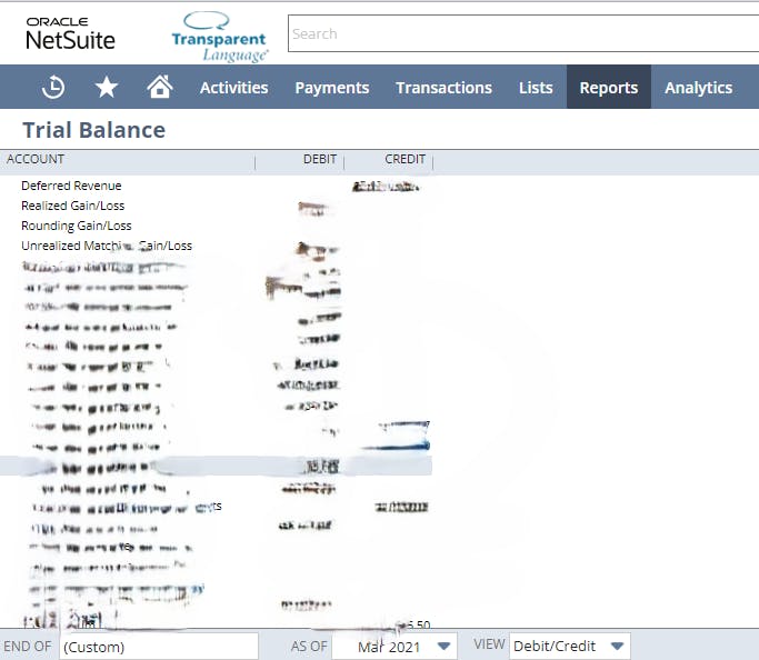 oracle netsuite - trial balance report