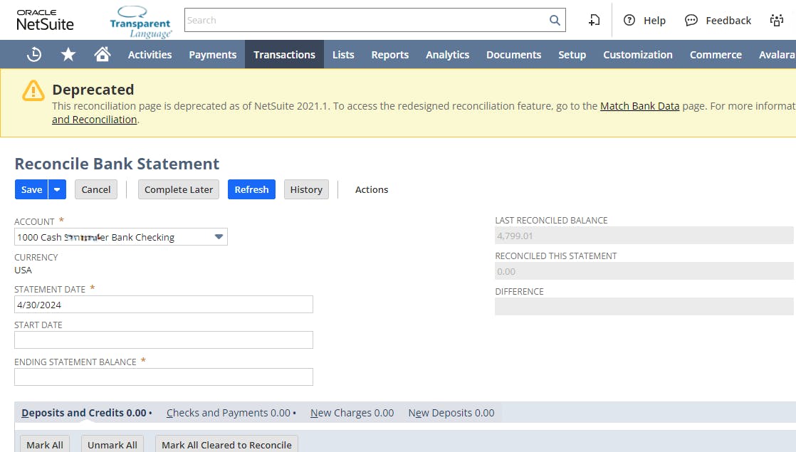 oracle netsuite - reconcile bank statement