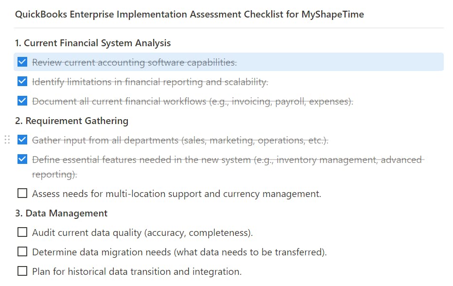 Checklist to assess organization needs prior to QuickBooks Desktop Enterprise assessment.