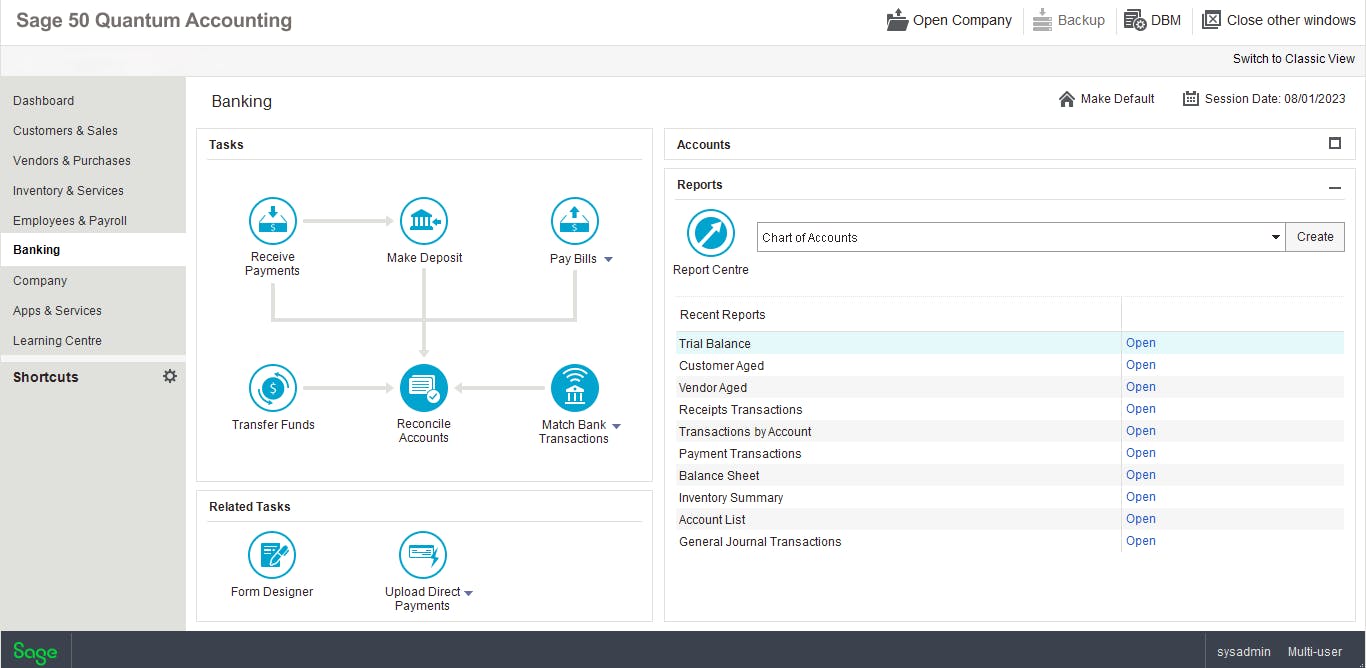 Sage 50 Quantum Accounting main dashboard