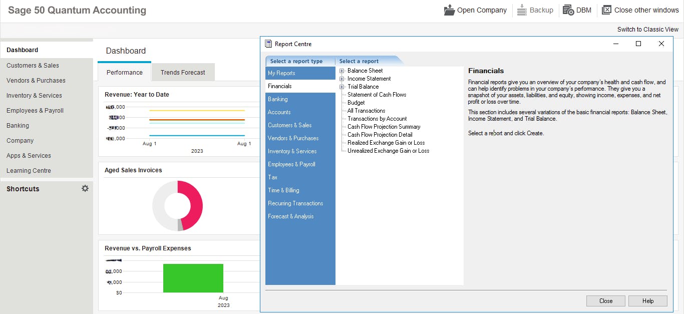 sage 50 reports dashboard