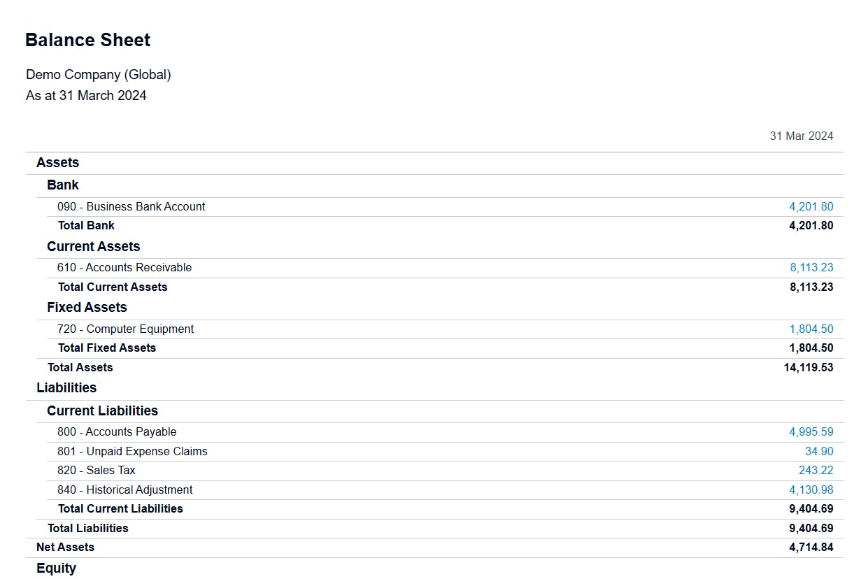 Xero balance sheet for post migration data validation.