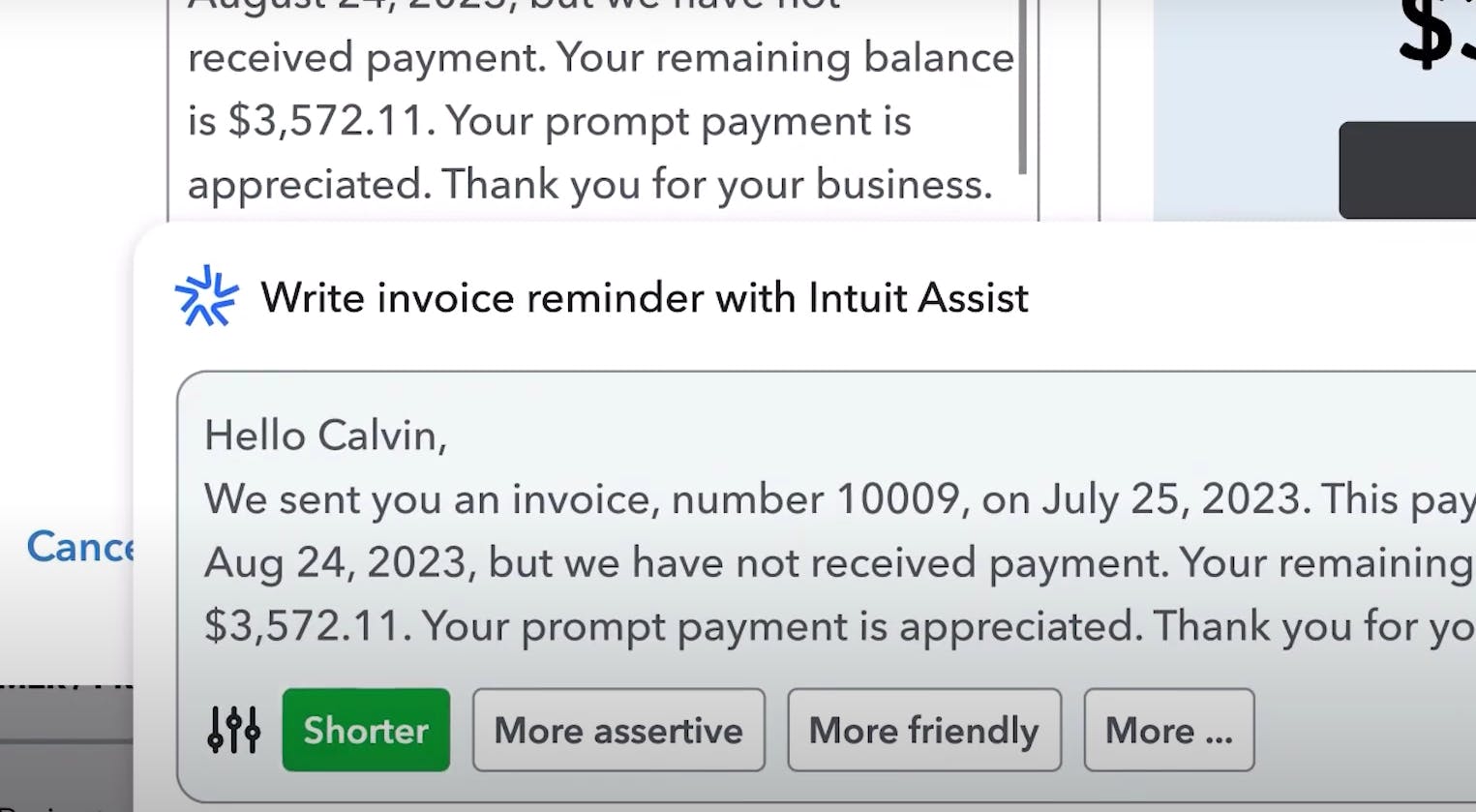 Intuit Assist AI for QuickBooks Online writes messages for invoices and bills.