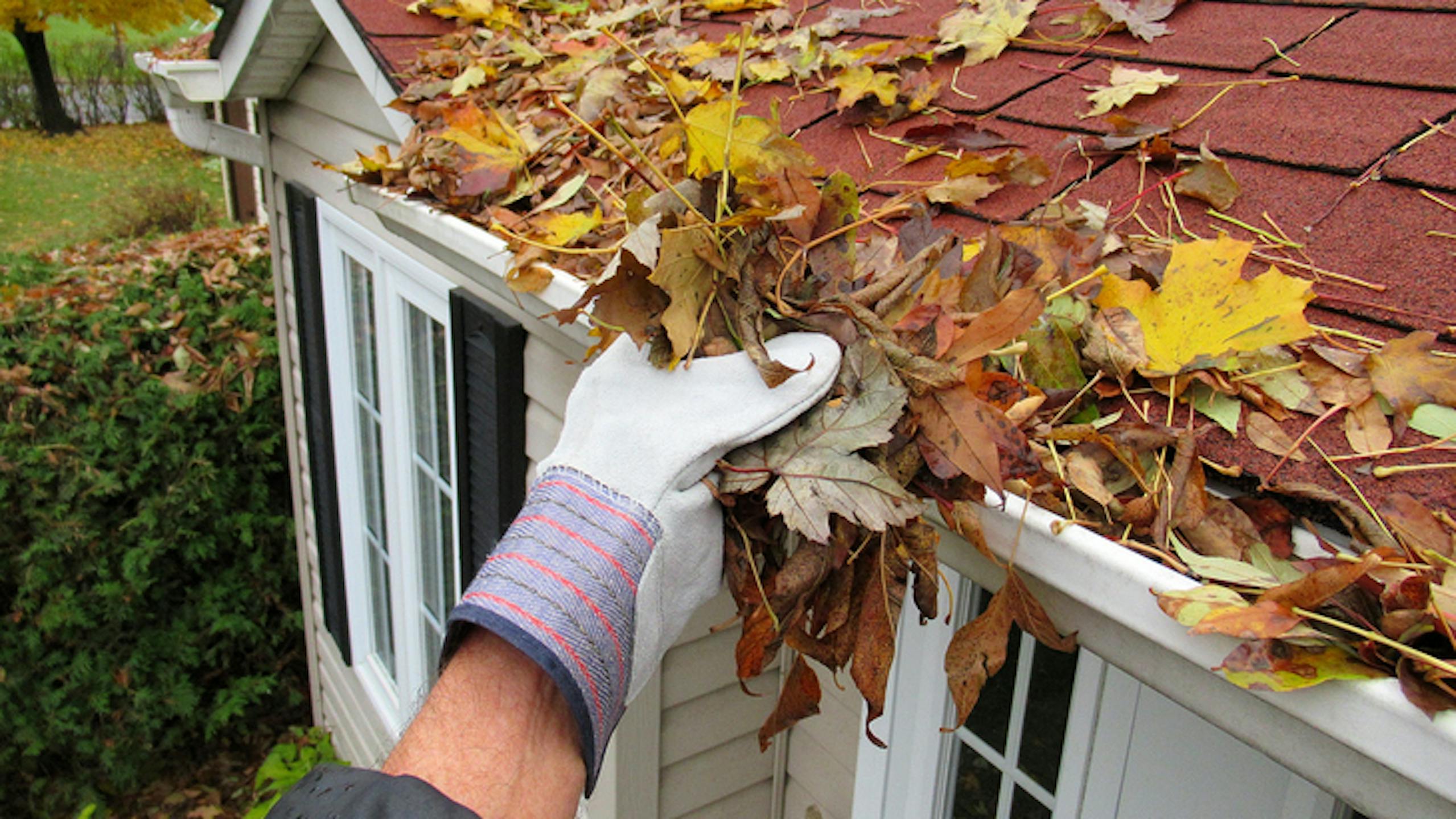 Homme nettoyant les gouttières d'une maison en automne
