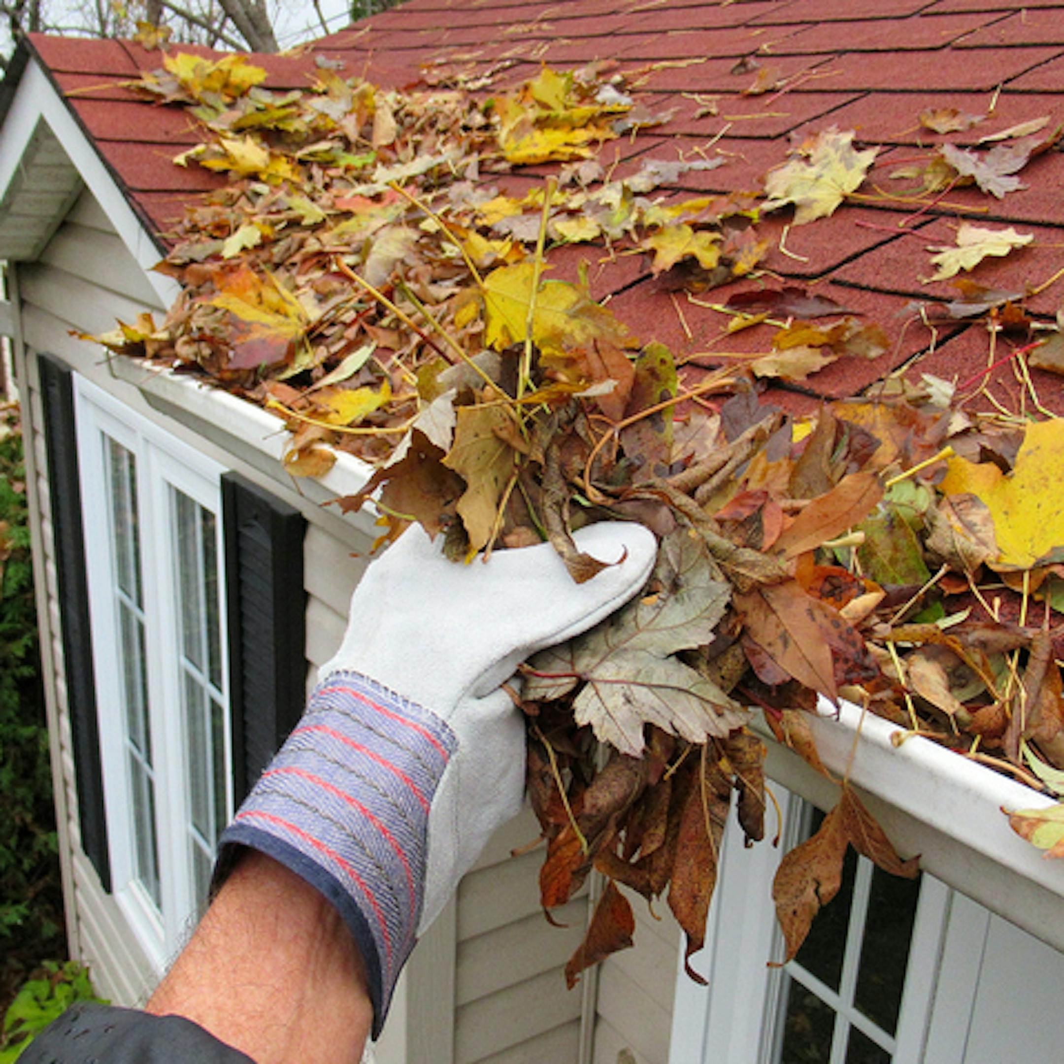 Homme nettoyant les gouttières d'une maison en automne