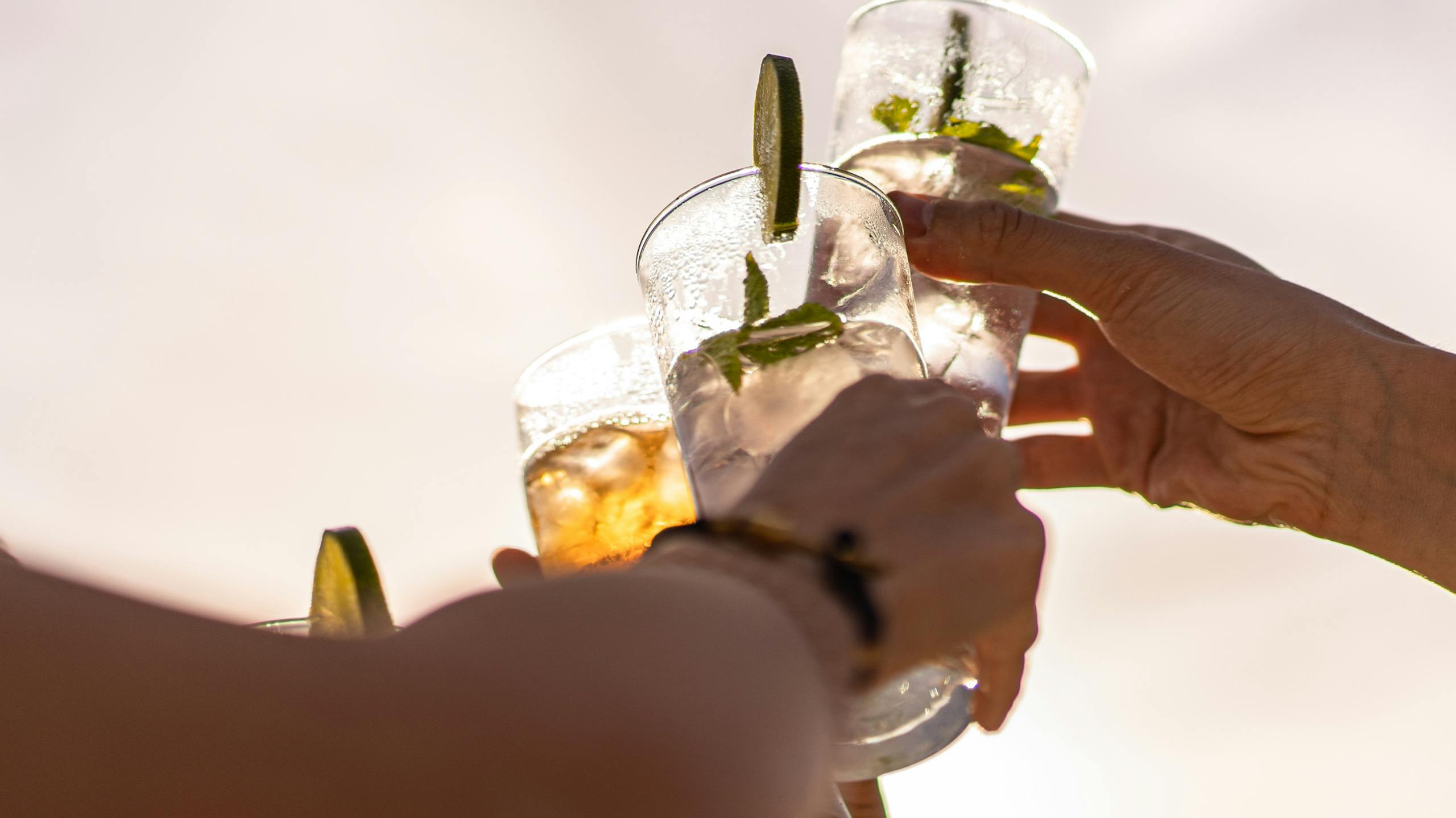 Des amis se lèvent des verres pour un toast de célébration contre le ciel en été