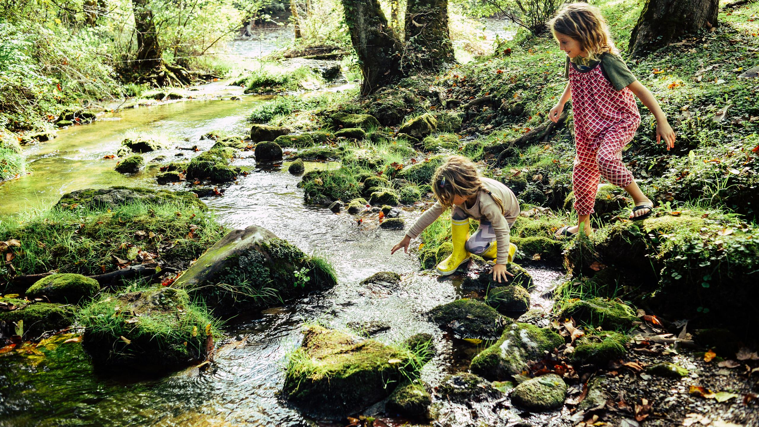 Enfants jouant au bord d'un ruisseau