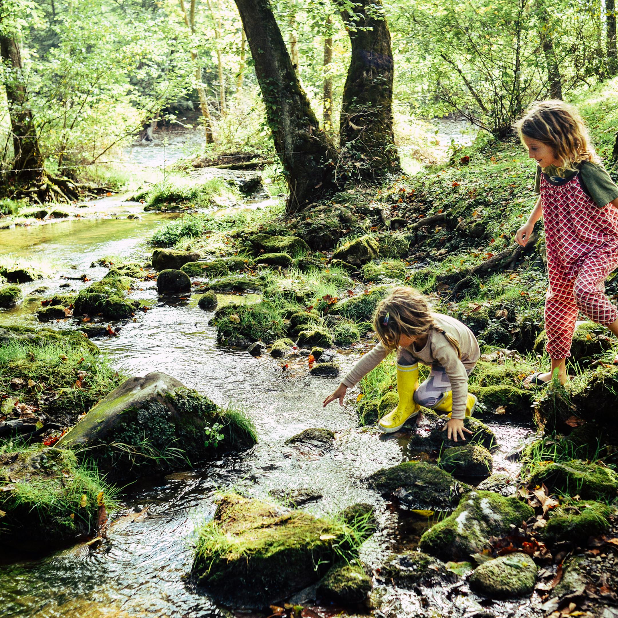 Enfants jouant au bord d'un ruisseau