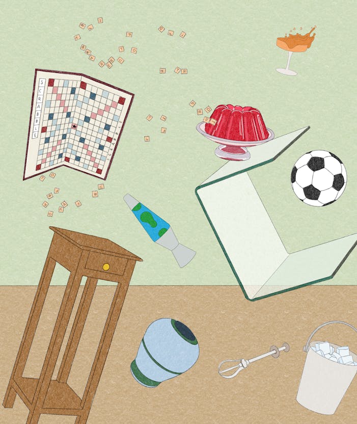 Illustration d'objets vintage : lampe à lave, vase ancien, ballon de foot en cuir...etc