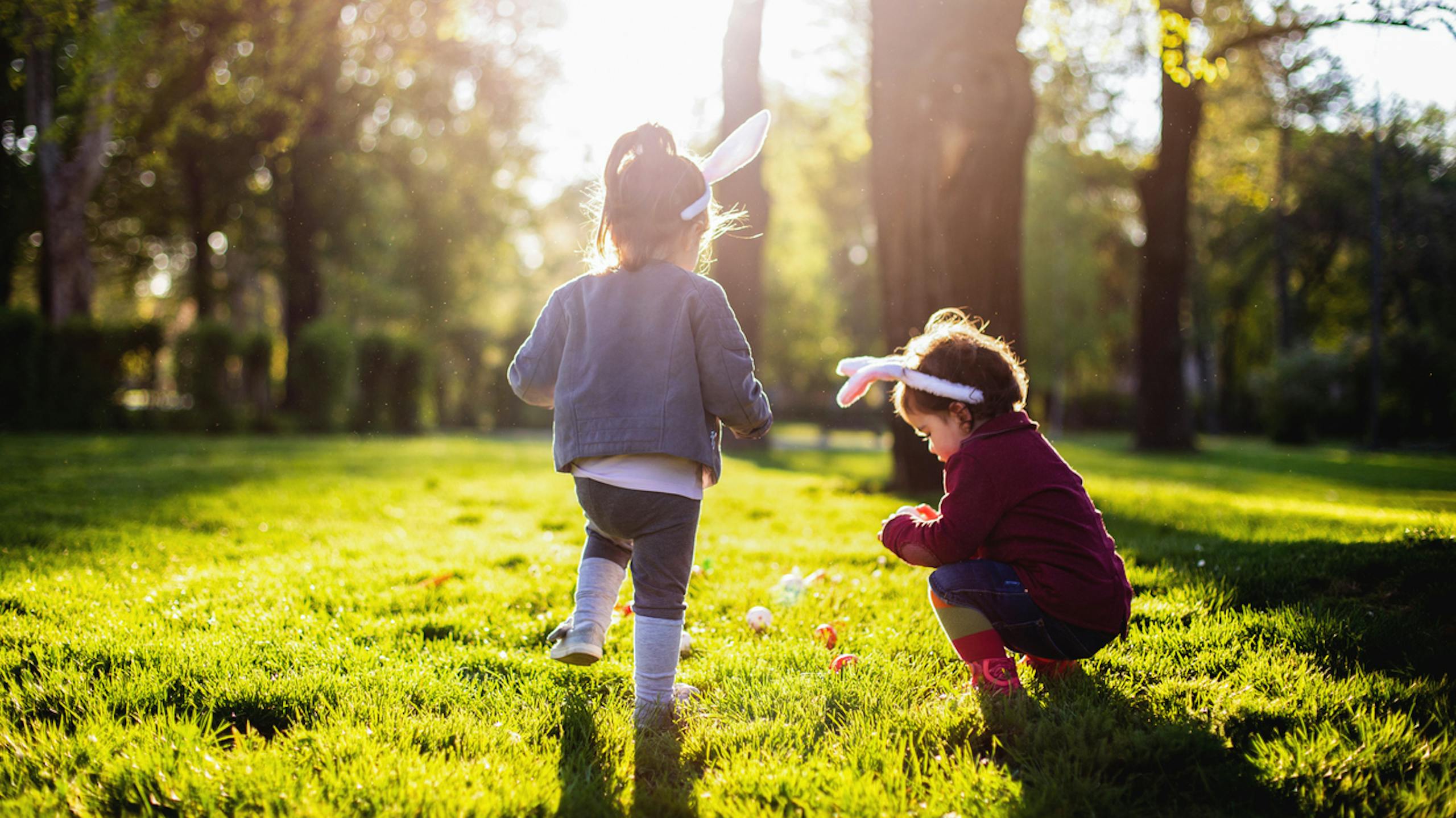 Enfants à la recherche d'oeufs de Pâques dans un parc