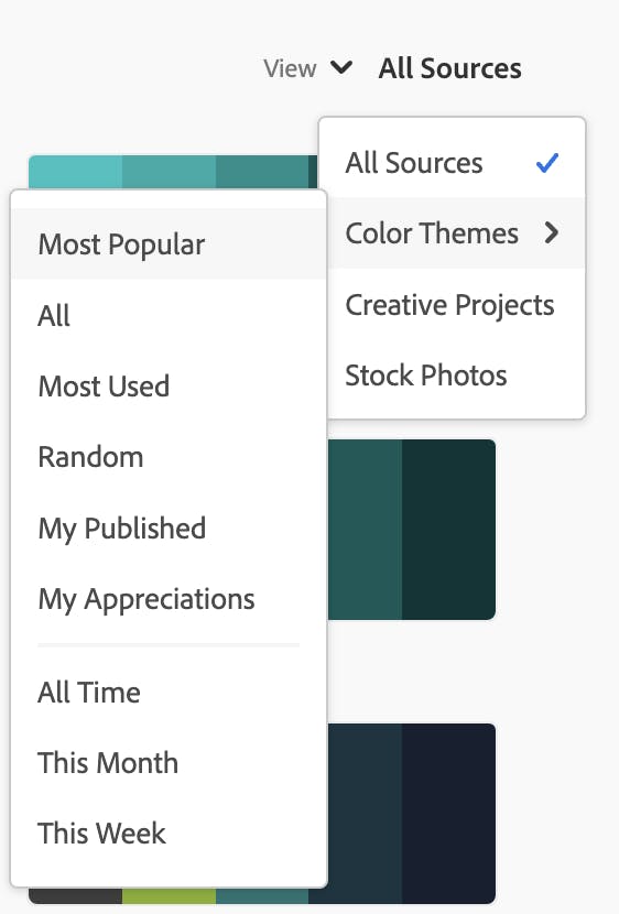 interface for sorting color palettes in Adobe Color web app.