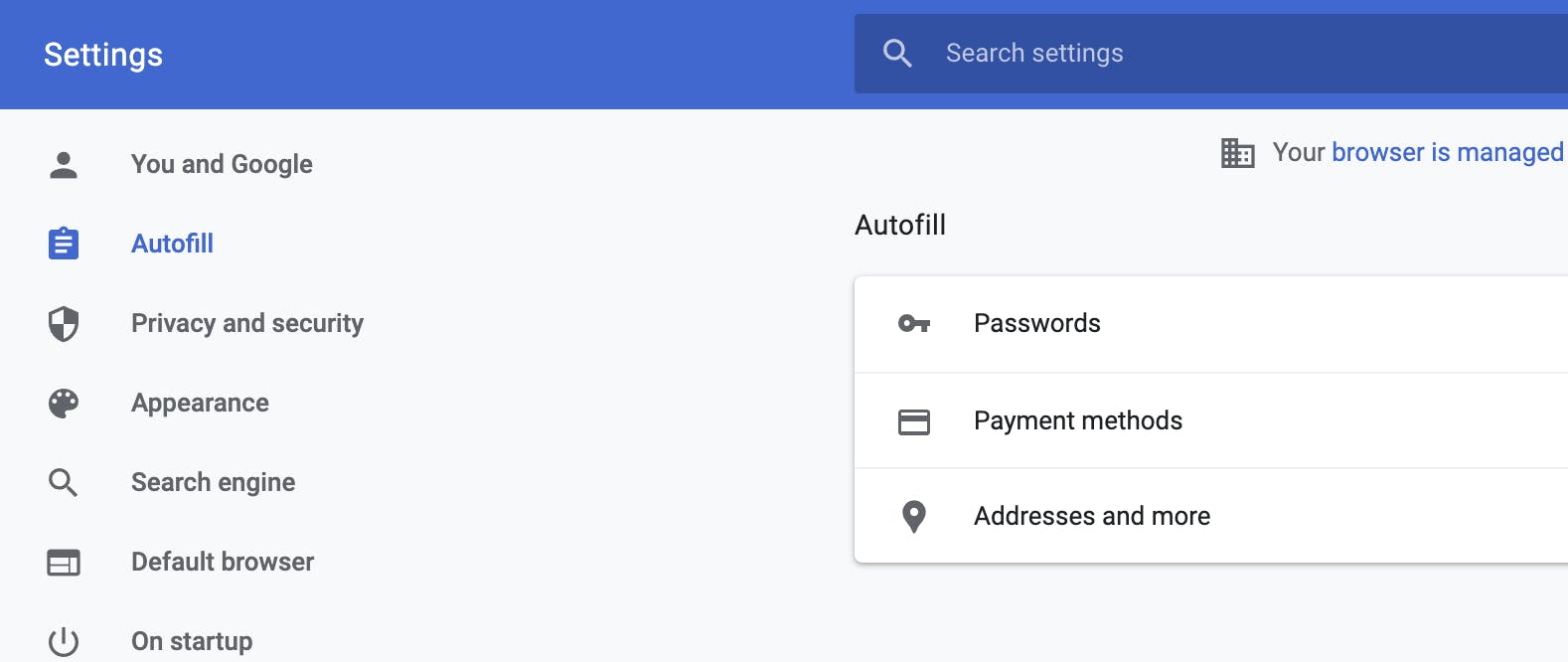 screen showing the autofill settings menu on Google Chrome