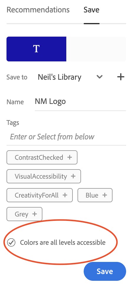 save and tag dialogue box in Adobe Color web app.