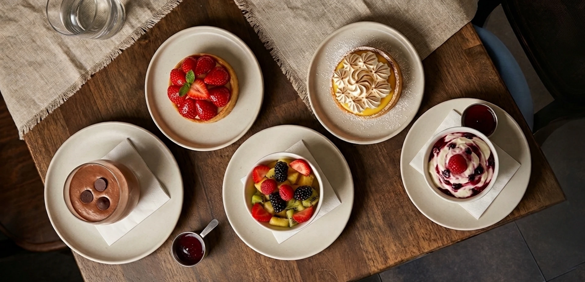 Image de Tarte au citron meringuée, Salade de fruits, Tartelette aux fraises, Fromage blanc et Mousse au chocolat