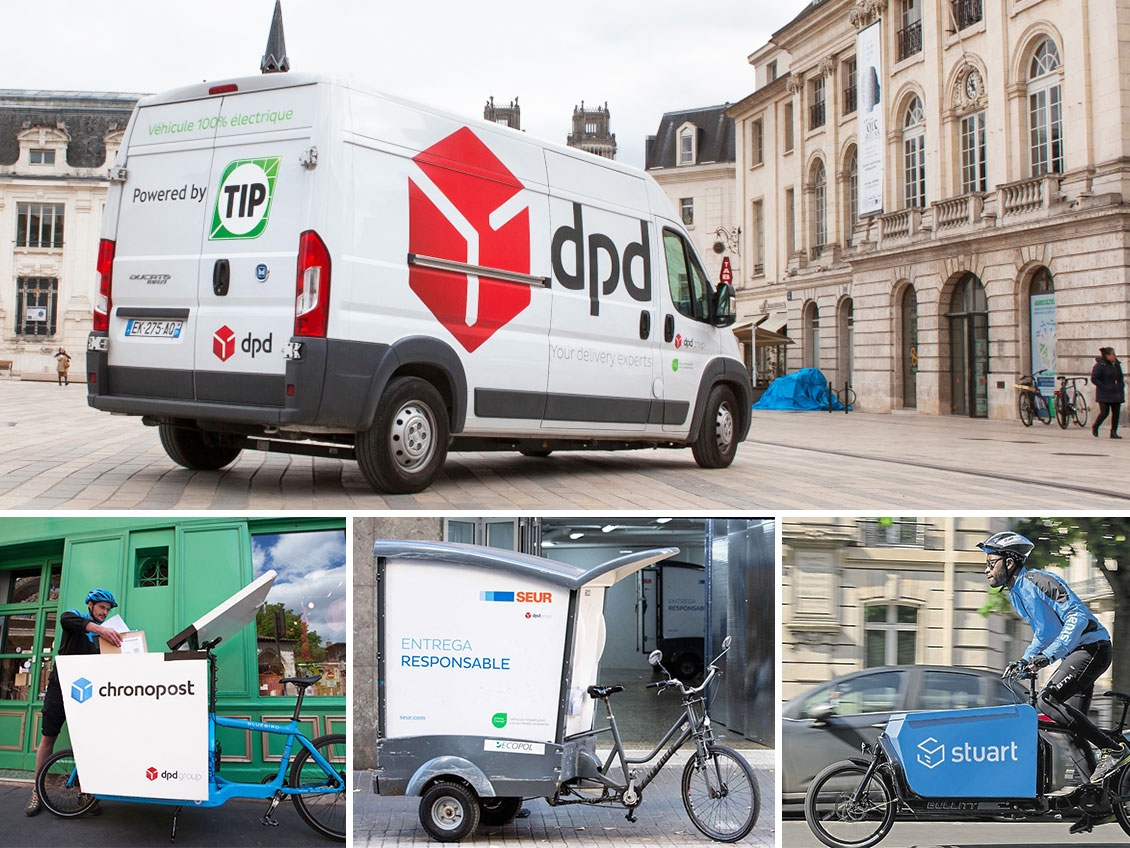 DPD van, Chronopost and Stuart cargo-bike, SEUR bike-trailer