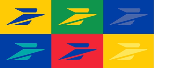 Mosaïque de logos La Poste Groupe, avec plusieurs déclinaisons couleur