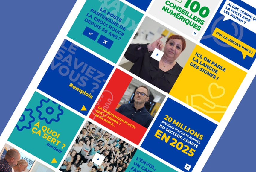 Bannière Home présentant la mosaïque de contenus concernant l'engagement social et sociétal du groupe La Poste