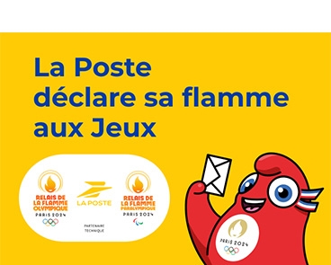 Visuel de la mascotte des Jeux Olympiques 2024 avec le texte "La Poste déclare sa flamme aux Jeux"