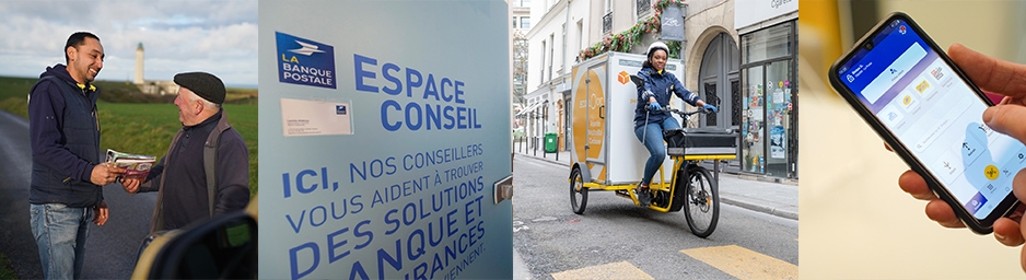 Quatre photos illustrant les activités du Groupe La Poste : la transition écologique, la transformation numérique, le développement de l’e-commerce, le vieillissement de la population