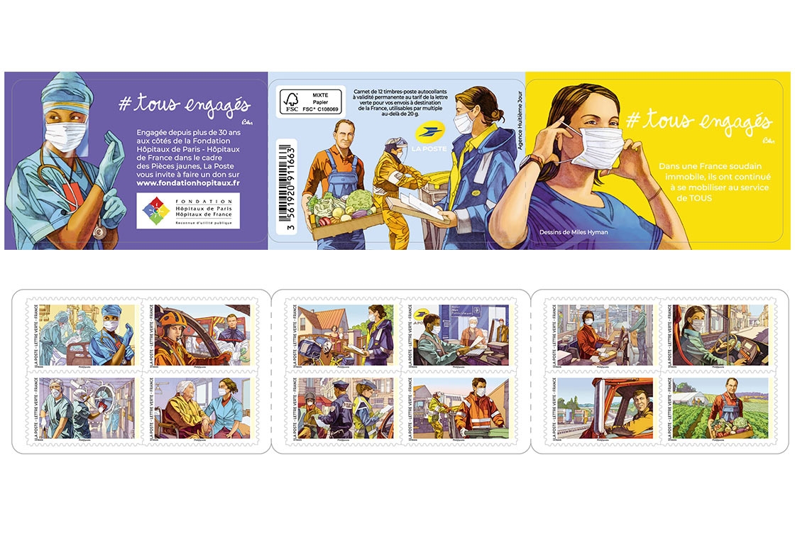 La Poste émet un carnet de timbres # tous engagés remerciant et mettant à  l'honneur les héros du quotidien pendant la crise sanitaire.