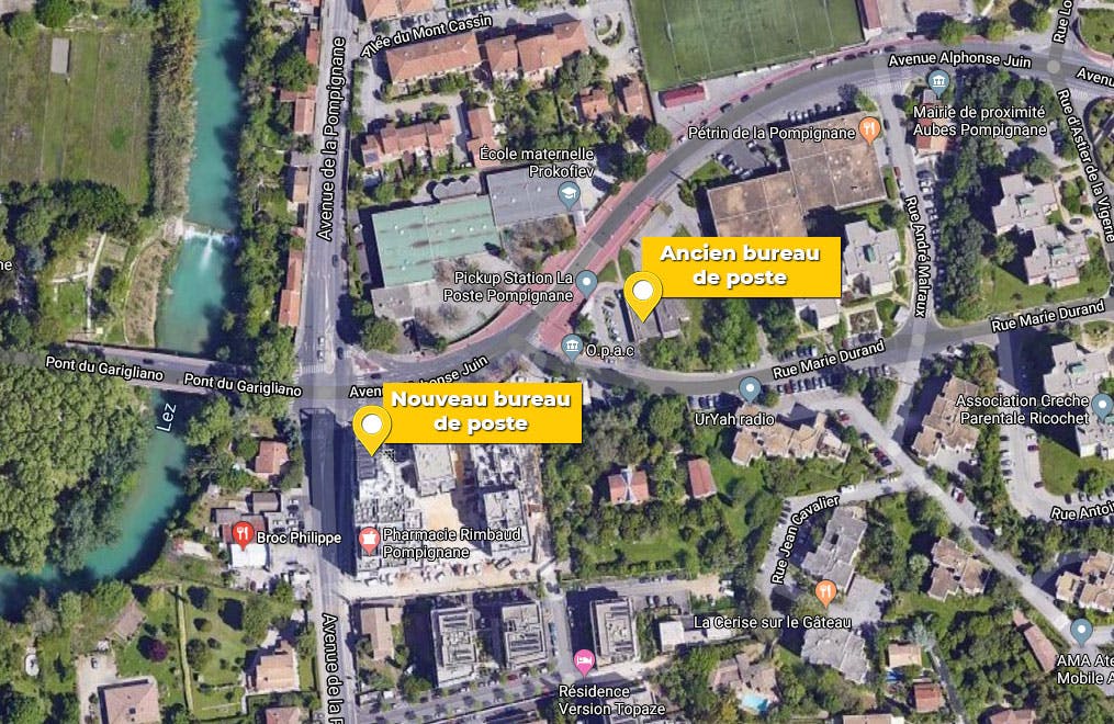 Carte avec l'emplacement des deux bureaux de poste, l'ancien et le nouveau