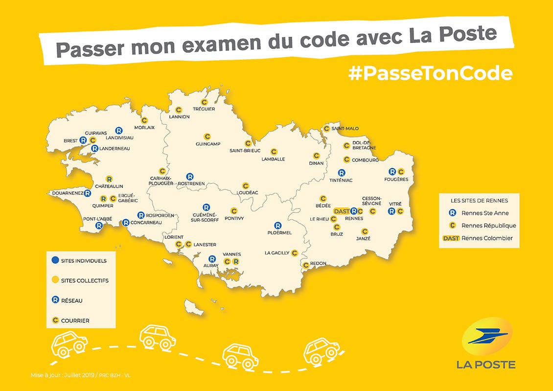 Carte des lieux où il est possible, en Bretagne, de passer l’examen du code avec La Poste.