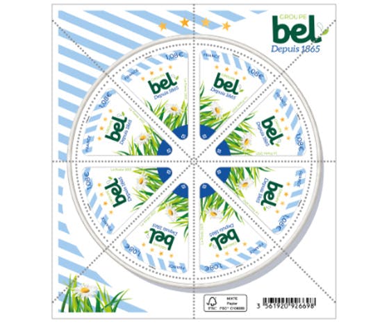 Timbre Bel : une composition inédite de 8 timbres triangulaires inspirés d’un célèbre fromage populaire jurassien.