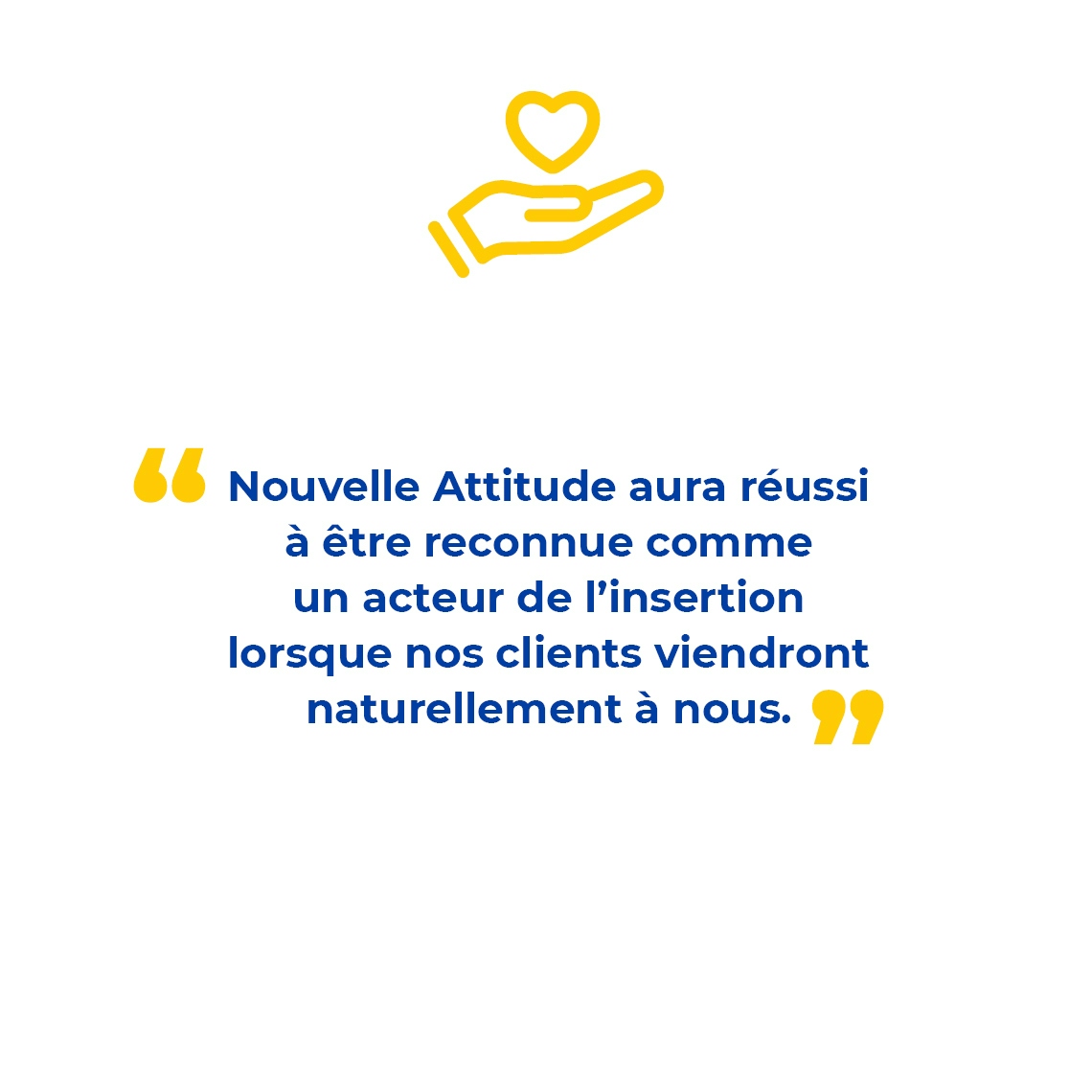 Infographie avec texte : "Nouvelle Attitude aura réussi à être reconnue comme un acteur de l’insertion lorsque nos clients viendront naturellement à nous."