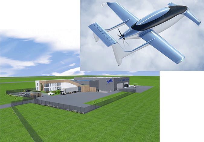 Modélisation 3D du futur site d'assemblage et de l'avion Cassio équipé d'un système de propulsion hybride-électrique.