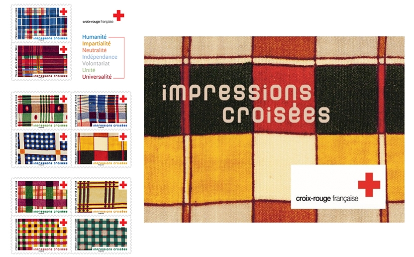 le carnet de 10 timbres-poste Croix-Rouge est illustré par des étoffes de laine aux impressions croisées.