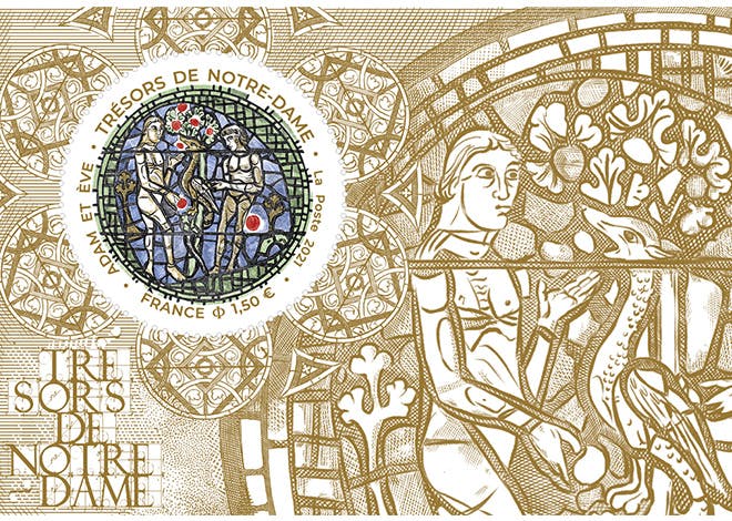 La Poste émet un bloc de timbre intitulé "Trésors de Notre-Dame – Adam et Ève"