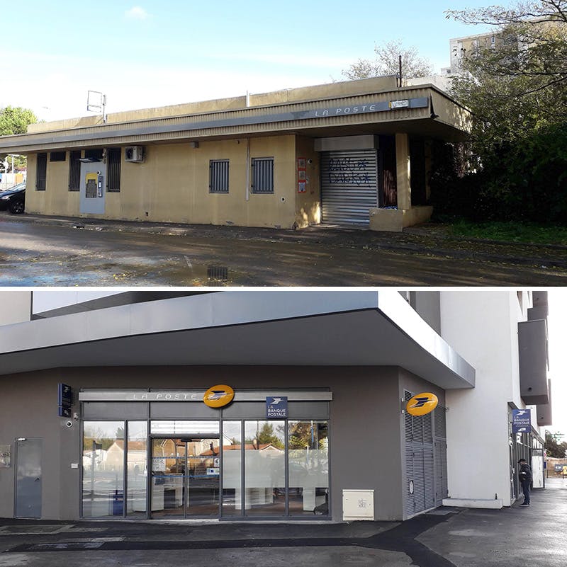 Photos de l'ancien et du nouveau bureau de poste de Pompignane