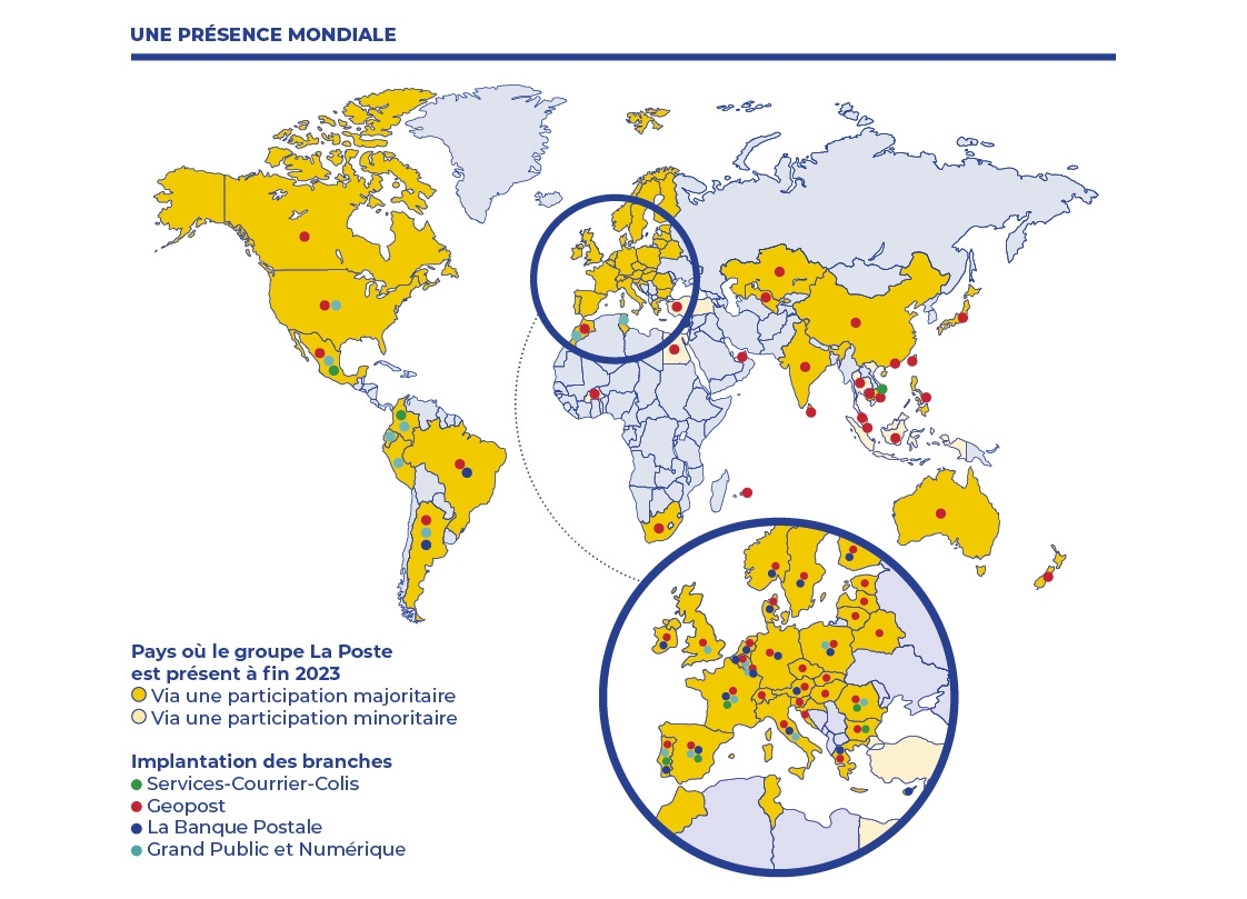 infographie présentant l'implantation de la poste à l'international