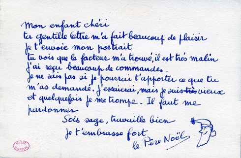 Photo du courrier réponse du Père Noël par Françoise Dolto en 1962 - Source : L’Adresse - Musée de la Poste