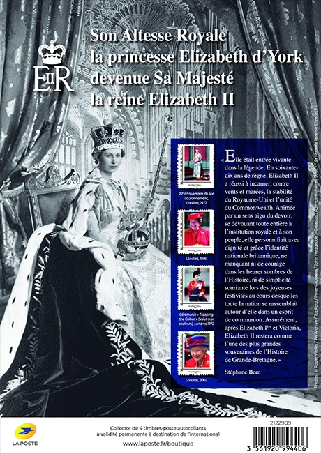 Visuel des timbres émit par La Poste en mémoire de la reine Elizabeth II