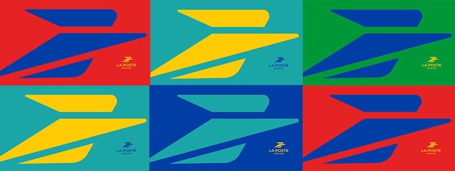 Mosaïque de logos La Poste Groupe, avec plusieurs déclinaisons colorielles