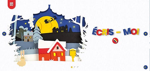 La page d’accueil du site du Père Noël. On navigue entre les trois parties du site avec les flèches bleues à gauche et à droite de la page.
