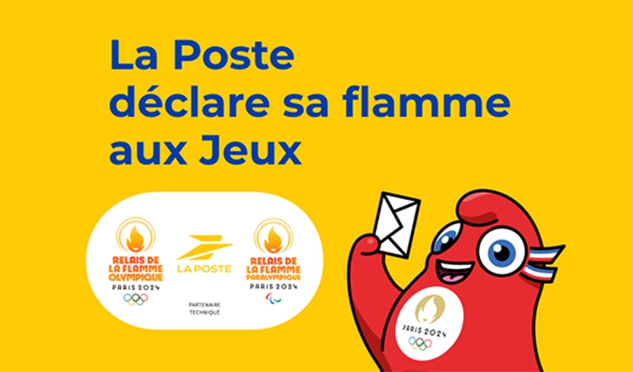 Visuel de la mascotte des Jeux Olympiques 2024 avec le texte "La Poste déclare sa flamme aux Jeux"