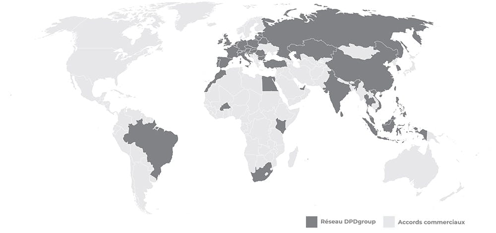 Carte du monde affichant la présence internationale de DPDgroup, la marque colis-express du groupe La Poste