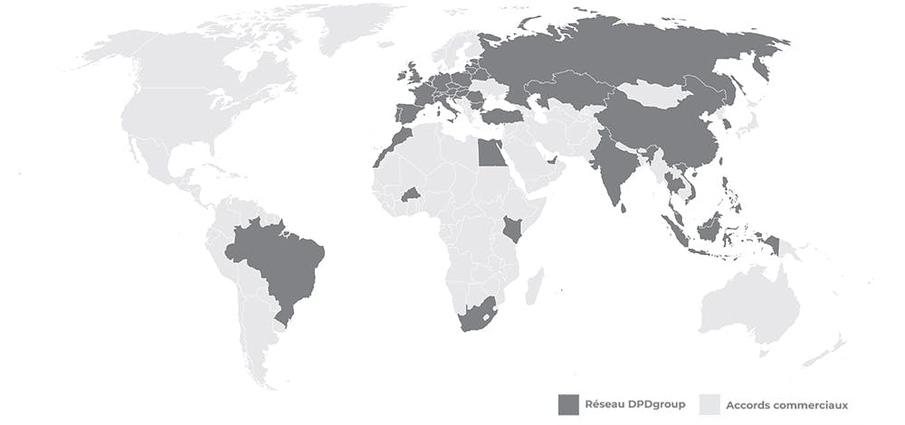 Carte du monde affichant la présence internationale de DPDgroup, la marque colis-express du Groupe La Poste