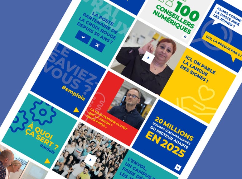 Bannière Home présentant la mosaïque de contenus concernant l'engagement social et sociétal du groupe La Poste