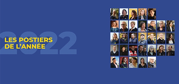 Portraits photos des 32 postiers de l'année 2022 sous forme de mosaïque, avec le logo des postiers de l'année 2022