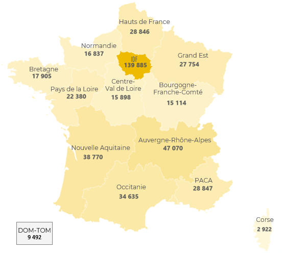 Carte de France indiquant les nombres d'emplois par région.