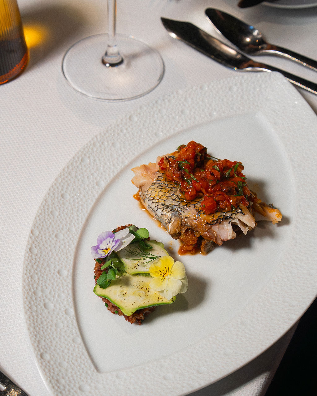 atlantic sea bass, ratatouille farci, camargue rice, sauce vierge