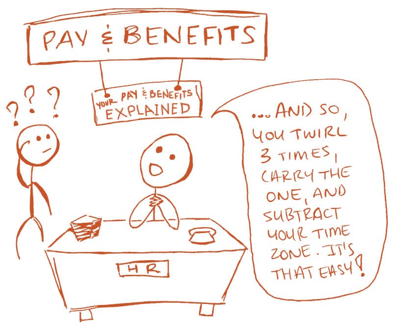 (Cartoon) Pay and benefits explained: "And so you twirl three times, carry the one, and subtract your time zone. It's that easy!"
