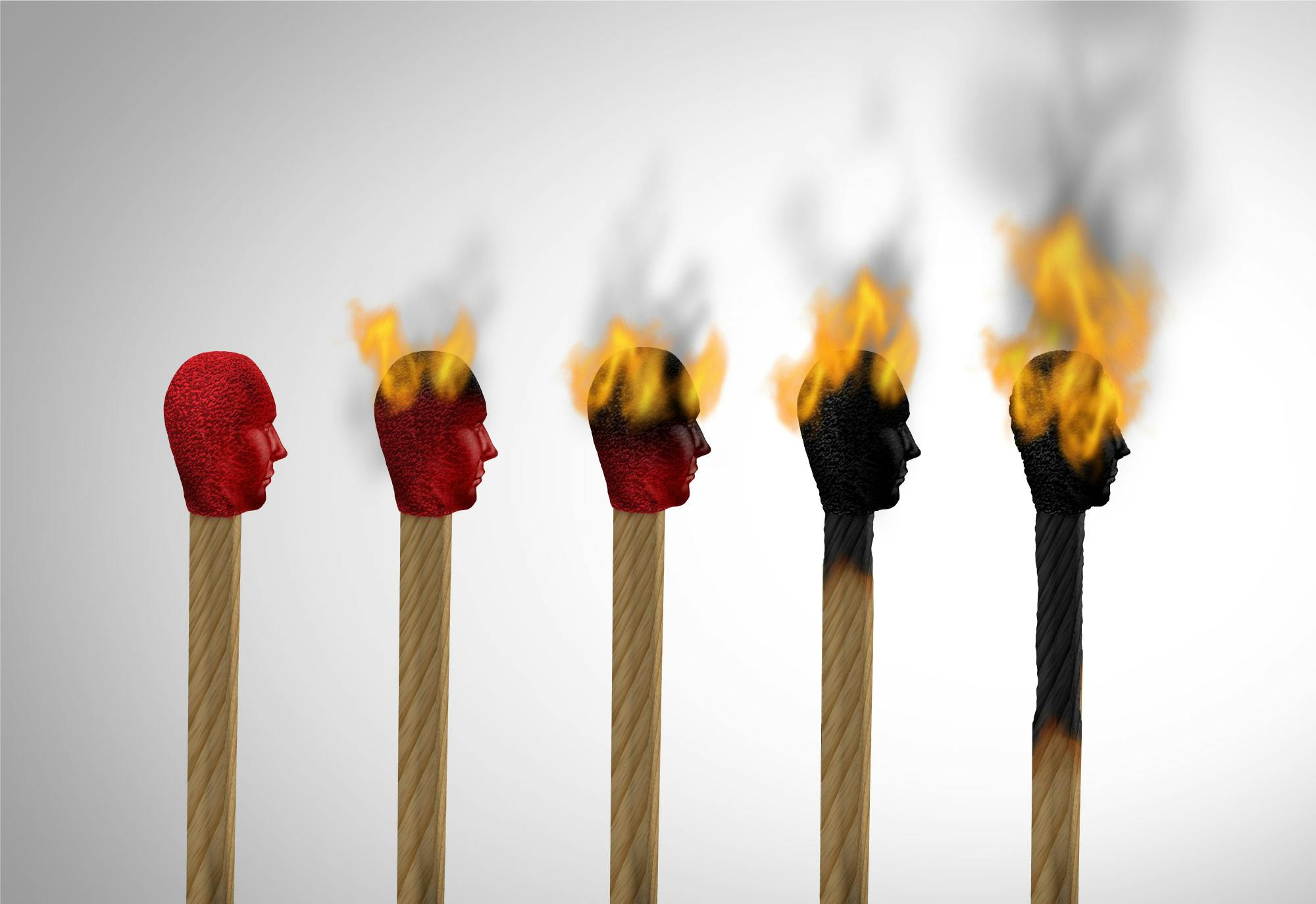 Illustration of five matches with fires flames at different burning stages