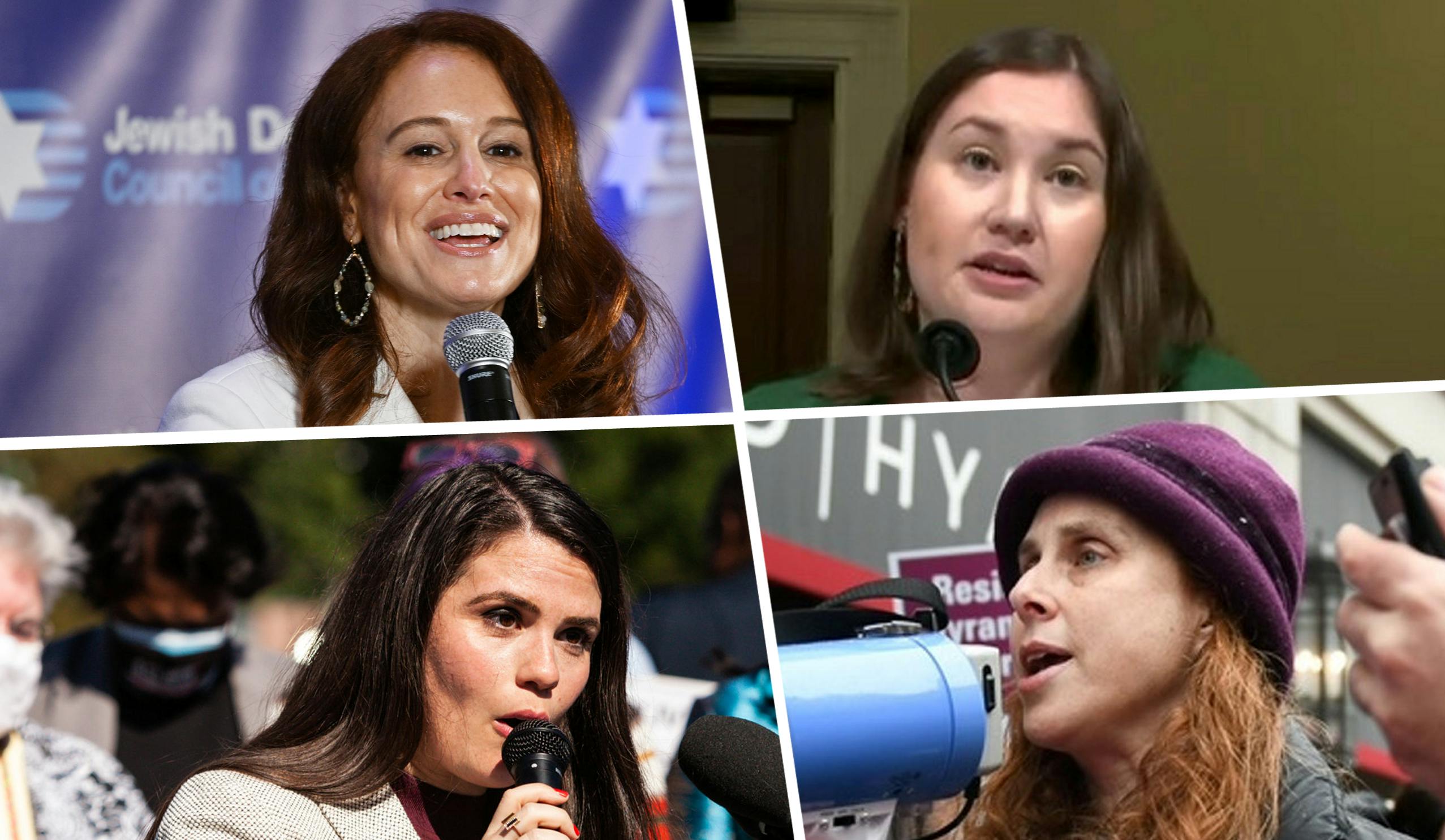 (Clockwise, L-R) Halie Soifer, Amy Spitalnick, Rabbi Jill Jacobs, and Sheila Katz speak at public events.